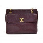 Chanel Front Flap Pocket Plum Purple Caviar Leather Medium Shoulder Bag