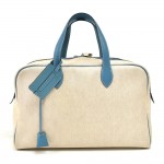 Hermes Victoria 43 Coated Canvas x Light Blue Leather Boston Travel Bag