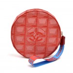 Chanel Travel Line Red Jacquard Nylon Round Wristlet Bag