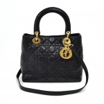 Vintage Dior Lady Dior Medium Black Quilted Cannage Leather Handbag + Strap