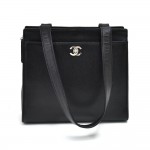 Vintage Chanel Front Pocket CC Lock Black Caviar Leather Tote Bag