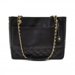 Vintage Chanel Black Lambskin Leather Medium Chain Shoulder Tote Bag