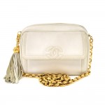 Vintage Chanel CC Pocket & Tassel Charm White Lambskin Leather Small Crossbody Bag