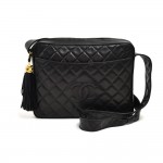 Vintage Chanel Black Lambskin Leather CC Logo Tassel Charm Shoulder Bag