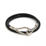 Hermes Black Leather x Silver Hook Double Wrap Jumbo Bracelet-Small