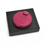 Chanel Deep Fuchsia Caviar Leather CC Logo Round Compact Mirror