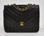 C-6 Chanel Black Leather V-Stitched Flap 9" Shoulder Bag