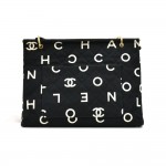 Vintage Chanel Black & White Logo Letters Print Quilted Cotton Canvas Tote Bag