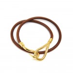 Hermes Brown Leather x Gold Tone Hook Double Wrap Jumbo Bracelet