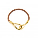 Hermes Brown Leather Gold Tone Hook Jumbo Bracelet