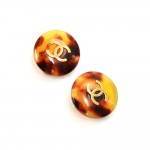 Vintage Chanel Tortoise Shell Style CC Logo Round Button Earrings
