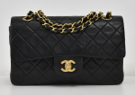 F-2 Chanel Classic 9" Double Flap Black Quilted Leather Shoulder Bag