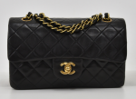 F-4 Chanel Classic 9" Double Flap Black Quilted Leather Shoulder Bag