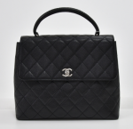 E-4 Chanel 12" Kelly Style Black Quilted Caviar Leather Handbag