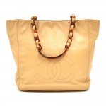 Vintage Chanel Beige Lambskin Leather & Tortoise Shell Style Strap Tote Bag