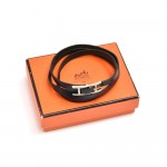 Hermes Hapi III Black Leather Silver Tone H Logo Wrap Bracelet