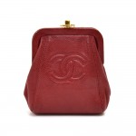 Vintage Chanel Red Caviar Leather CC Logo Kiss Lock Coin Case Purse