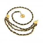 Vintage Chanel Black Leather & Gold Chain Medallion 3 Tiered Waist Belt 1980s