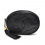 Vintage Chanel Black Lambskin Leather Large CC Logo Oval Clutch with Tassel