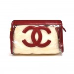 Chanel Red Lambskin Leather & Vinyl CC Logo Cosmetic Travel Case