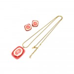 Chanel Retro Style Pink & Red  CC Logo Resin Rectangular Necklace & Earrings Set