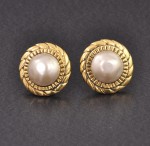 Chanel Vintage Gold Tone Pearl Round Earrings CC Logo