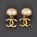Chanel Gold Tone Pearl Round Earrings CC Logo