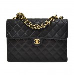 Vintage Chanel 12" Jumbo Black Quilted Leather Shoulder Classic Flap Bag