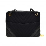 Vintage Chanel Black V Stitched Cotton & Lambskin Leather 2Way Shoulder Bag