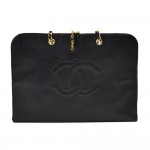 Vintage Chanel Jumbo Black Caviar Leather Flat Shoulder Bag/ Document Case