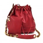 Vintage Chanel Red Quilted Lambskin Leather CC Logo Charm Chain Bucket Bag