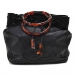 Vintage Chanel Black Lambskin Leather & Tortoise Shell Style Handle Handbag