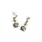 Chanel Clear Resin Encased Black & White Camellia and CC Logo Drop Earrings