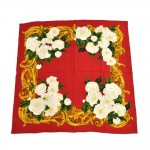Chanel Gold Gilded Frame & White Camellia Flower Print Red Silk Scarf
