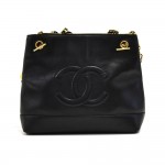 Vintage Chanel Black Lambskin Leather Large CC Logo Chain Tote Bag