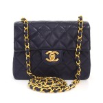 Vintage Chanel Navy Quilted Leather Mini Shoulder Bag Gold Chain CC