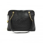Vintage Chanel Black Caviar Leather CC Logo Shoulder Bag