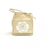 Chanel White Camellia & Beige Lambskin Leather Tote Bag