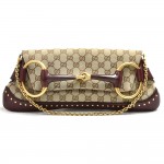 Gucci GG Canvas Horsebit Burgundy Leather 2 Way Clutch Shoulder Bag