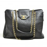 Vintage Chanel Supermodel Black Quilted Caviar Leather Shoulder Tote Bag