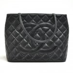 Vintage Chanel Medallion Black Quilted Caviar Leather Tote Bag