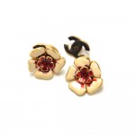 Chanel Red x Gold Tone Flower Motif Stud Earrings