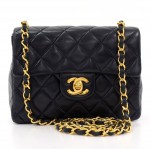 Vintage Chanel Navy Quilted Leather Mini Shoulder Bag Gold Chain CC