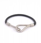 Hermes Silver Tone x Black Leather Bracelet