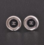 Chanel Silver Tone And Black Round Earrings CC Logo