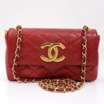 Vintage Chanel Red Quilted Leather Shoulder Bag Chain CC Gold