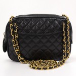 Vintage Chanel Black Quilted Leather Shoulder Bag Gold Chain CC