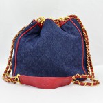 Chanel Quilted Denim x Red Leather Gold Chain Shoulder Bag SS324