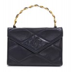 Vintage Chanel Navy Leather Quilted Handbag Gold Chain CC