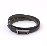 Hermes Black Leather Long Wrap Bracelet Silver Tone